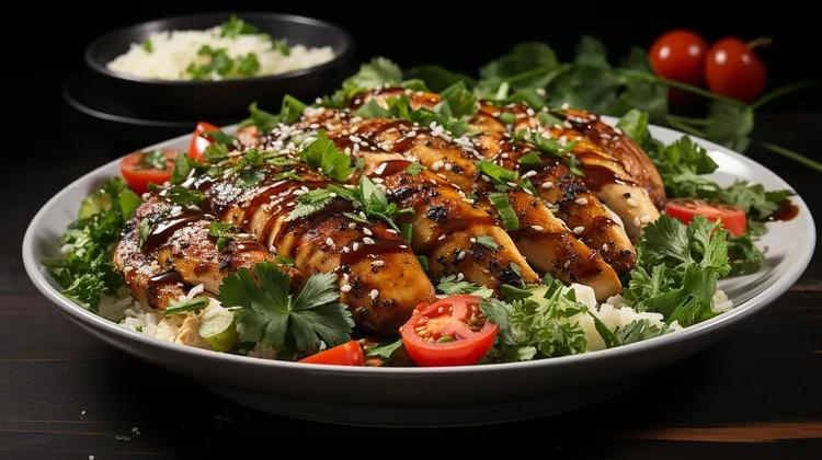 Grilled balsamic chicken with rice salad