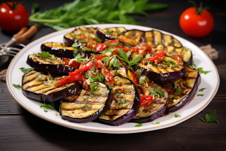 Grilled eggplant with feta, walnuts and honey dressing
