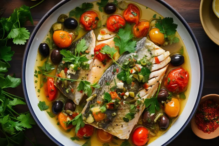 Grilled fish with tomato and olive salad