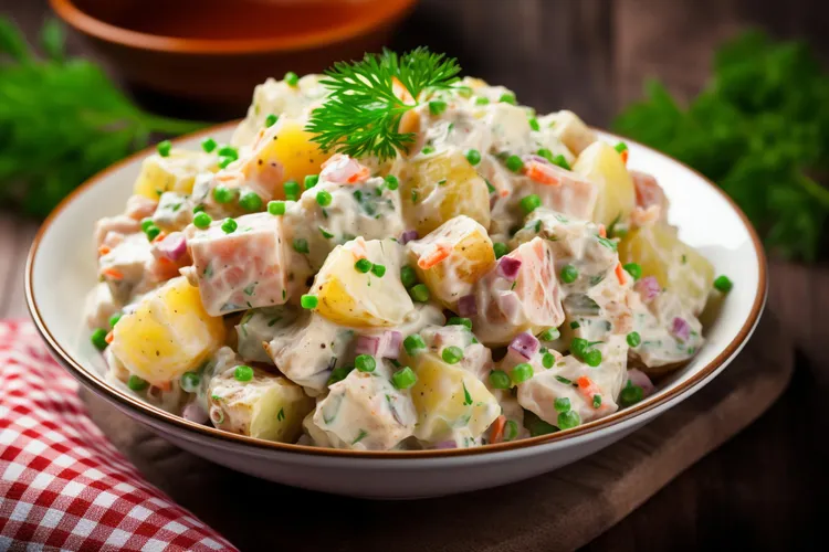 Potato salad with chicken and prosciutto