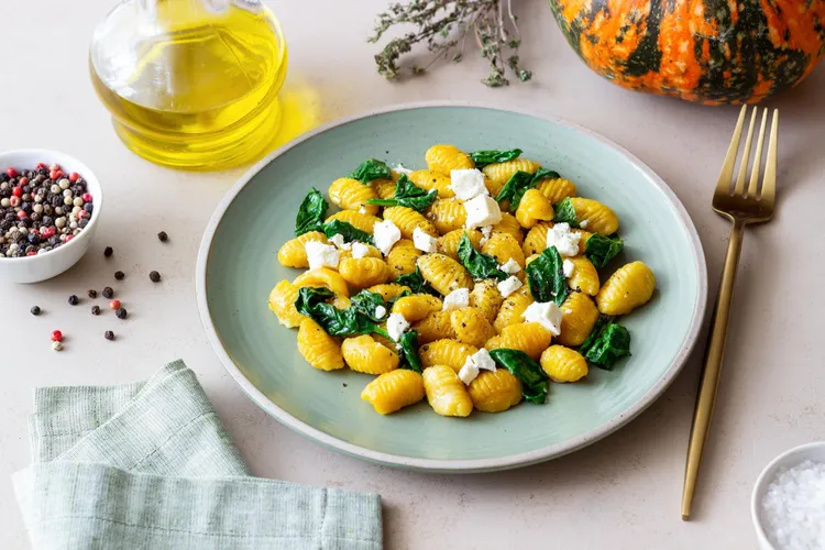 Pumpkin gnocchi with spinach and blue cheese