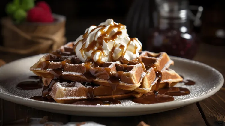 Chocolate waffles with vanilla caramel sauce