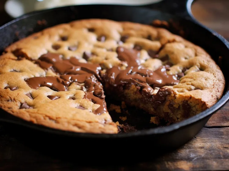 Peanut butter and dark chocolate chunk skillet cookie