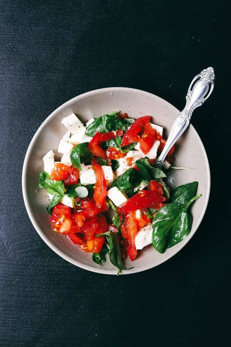 Barbecued capsicum and tomato salad with fetta and basil