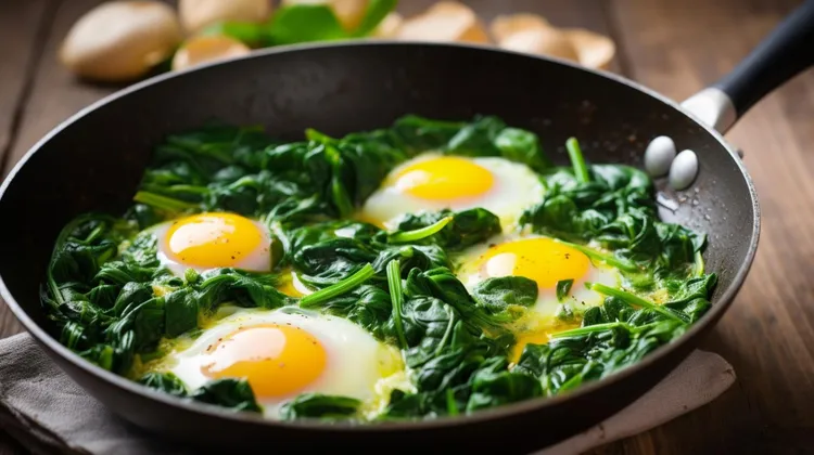 Baked eggs with spinach and green onion