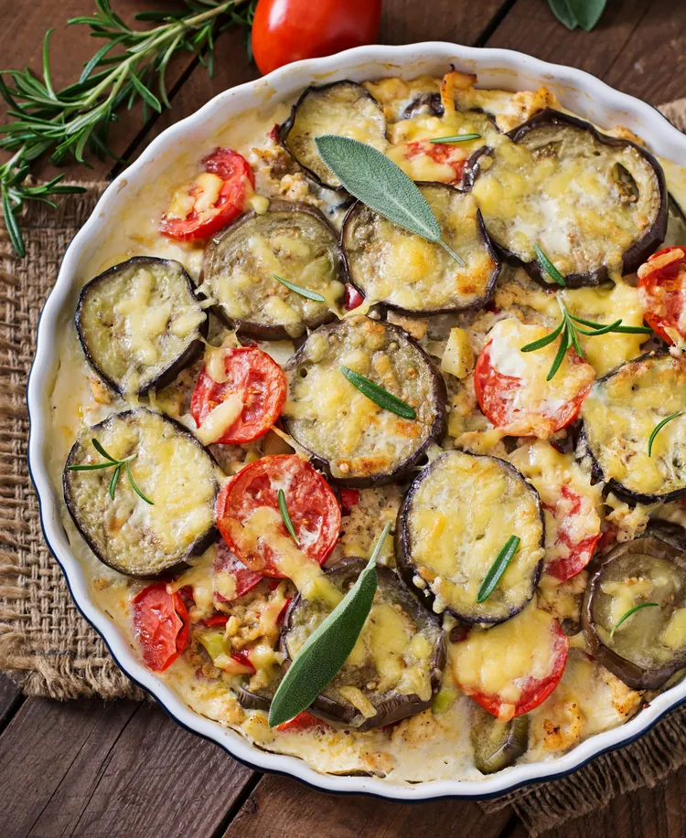 Eggplant with blue cheese and sun-dried tomato pistou