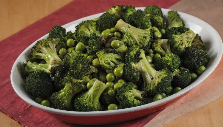Roasted broccoli and peas with garlic dressing