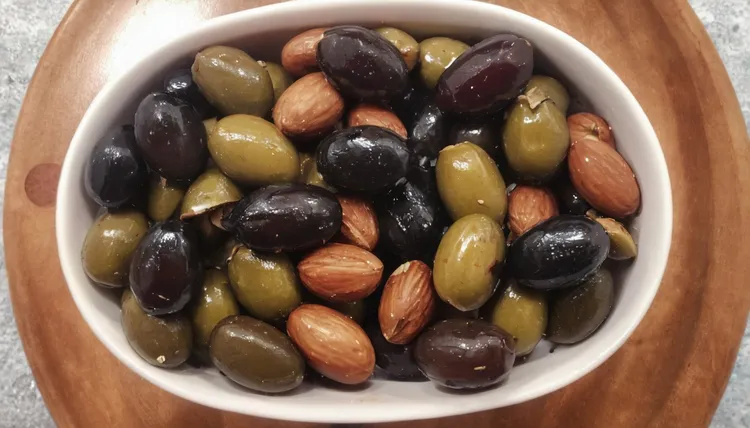 Warm mixed chilli olives and almonds