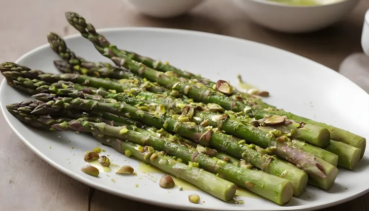 Barbecued asparagus with pistachio and lemon dressing