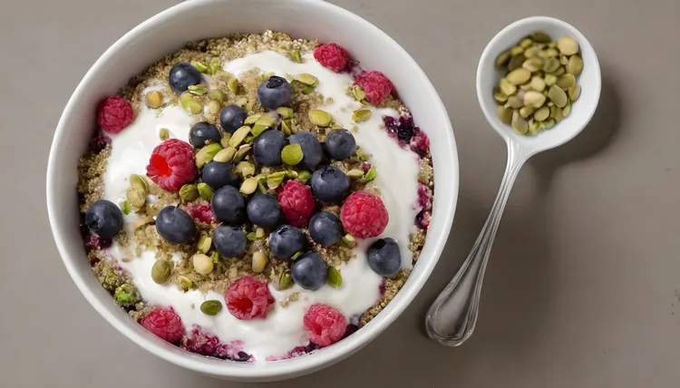 Breakfast quinoa with berries and pistachio