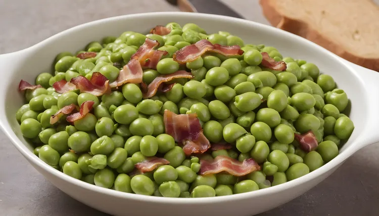 Broad beans and peas sauteed with bacon