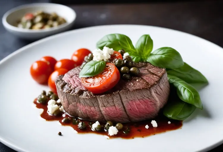 Balsamic steak with tomato, basil and fetta