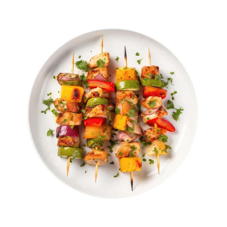 Fish and vegetable skewers with coconut rice