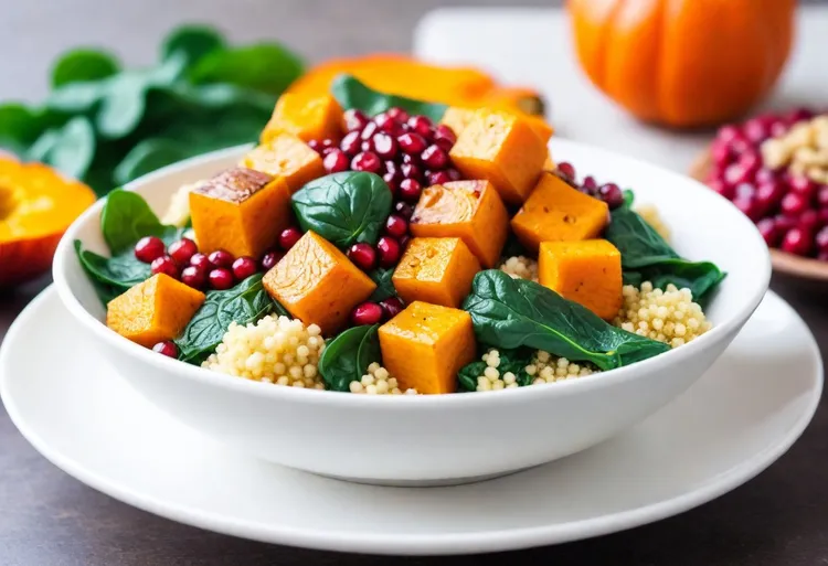 Roast pumpkin, spinach and pomegrante couscous