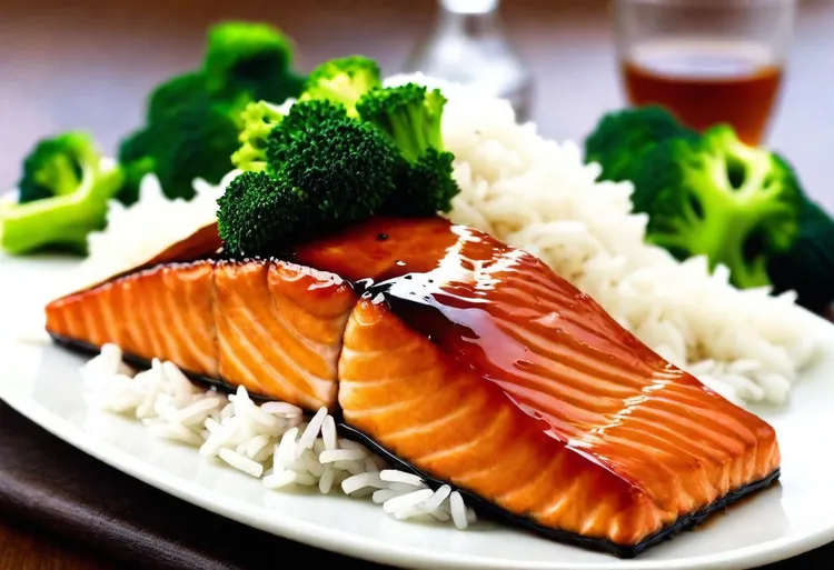 Soy-glazed salmon with mountain blend rice