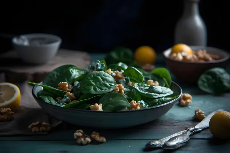 Spinach salad with warm walnut dressing