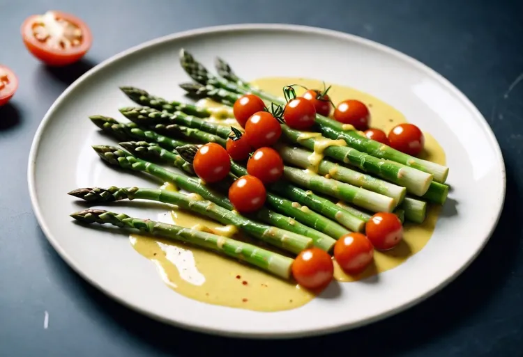 Asparagus with tomatoes and lemon mustard dressing