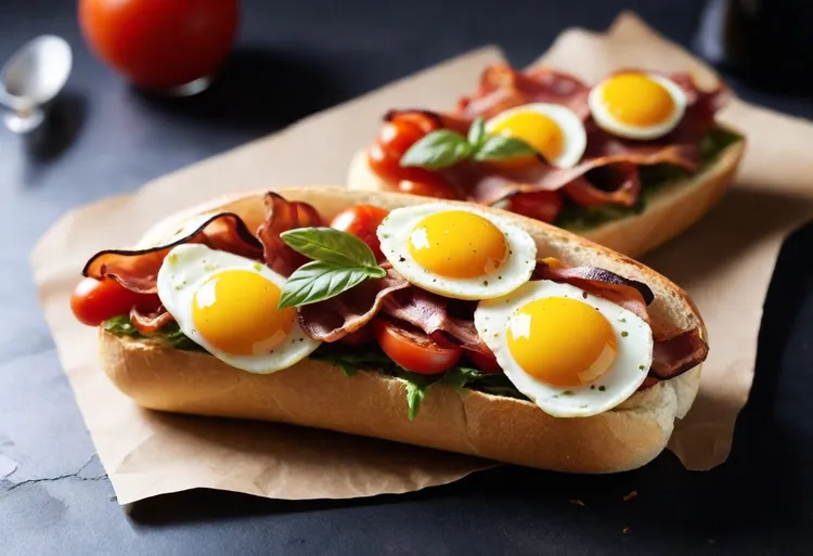 Bacon, egg and balsamic tomato baguettes