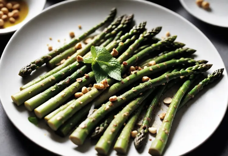 Barbecued asparagus with hazelnuts and mint