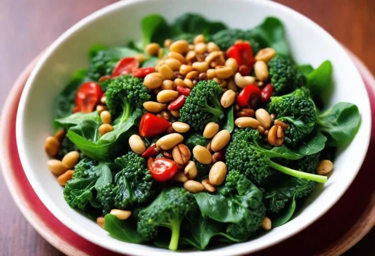Broccoli and lentil salad with chilli and pine nuts