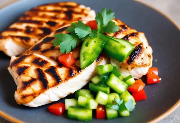Chargrilled chicken with cucumber and coriander salsa
