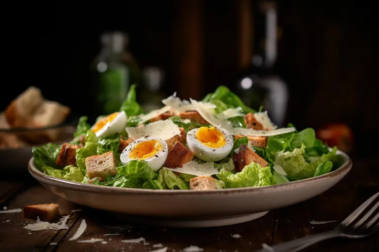 Chicken caesar salad with poached egg