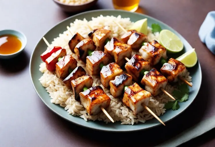 Chilli, honey and soy fish kebabs with brown rice