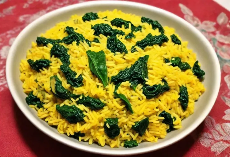 Crispy garlic-topped cumin and spinach pilaf
