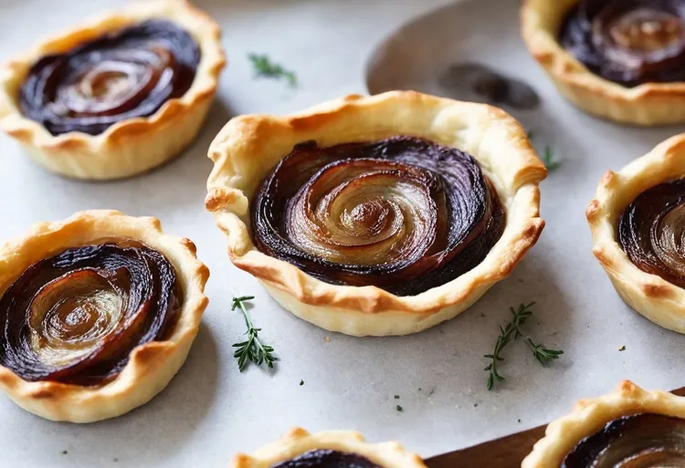 Gluten-free caramelised onion and thyme tarts