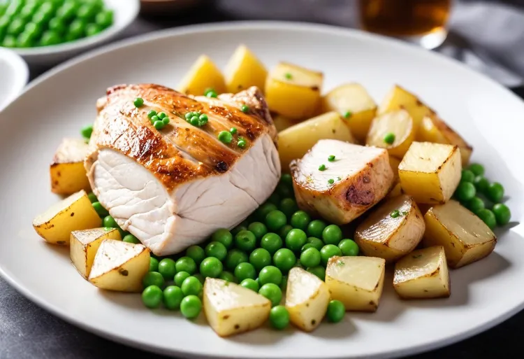 Lemon chicken with potatoes and peas