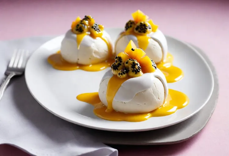 Little pavs with tropical fruits and passionfruit sauce