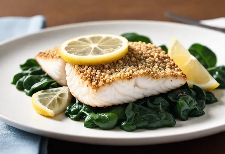 Macadamia-crusted fish with lemon spinach