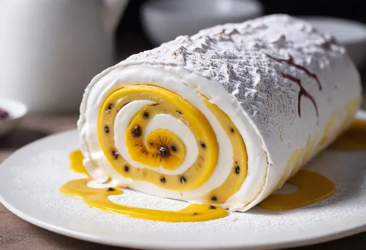 Meringue roulade with passionfruit