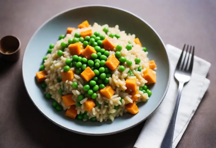 Oven-baked sweet potato and pea risotto