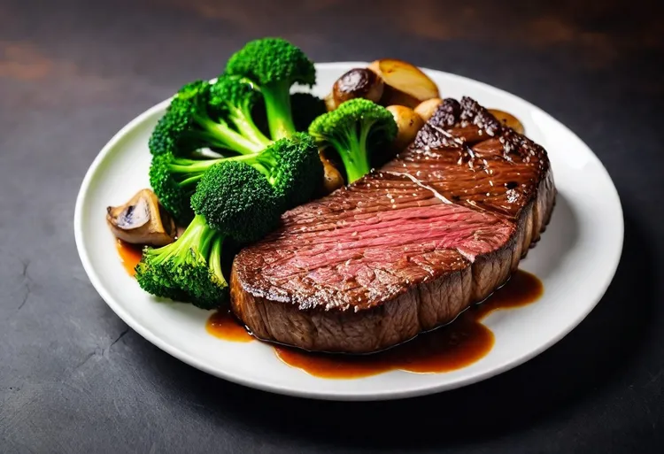 Pan-seared steaks with roasted mushrooms and broccoli