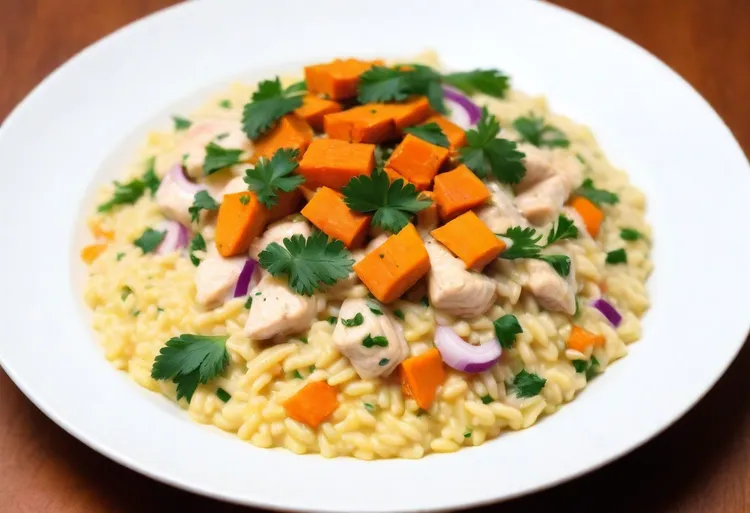 Risotto with chicken, red onion & sweet potato