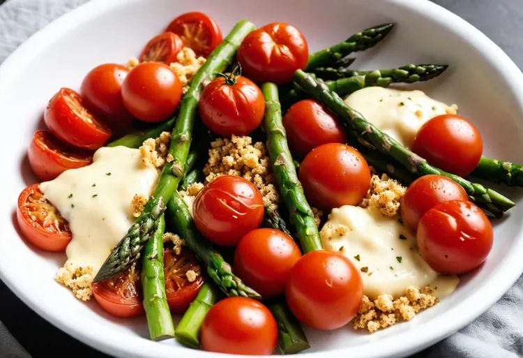 Roasted tomatoes and asparagus with cheesy crumbs
