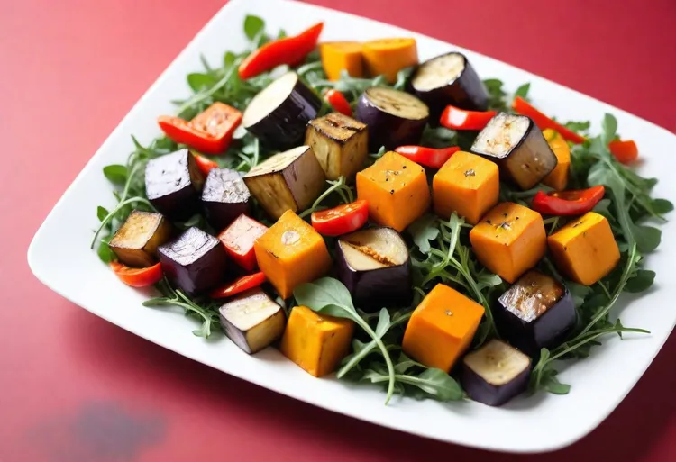Roasted vegetable salad with rocket and hummus