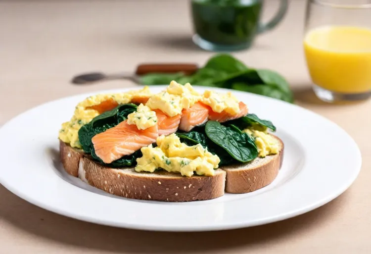 Scrambled eggs with smoked salmon and chives on sourdough
