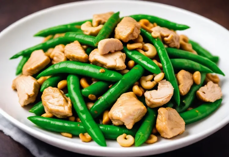 Spicy stir-fried chicken with beans and cashews