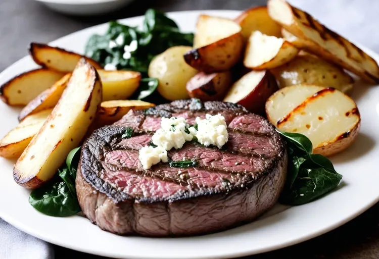 Spinach and feta steak with salty-sweet wedges