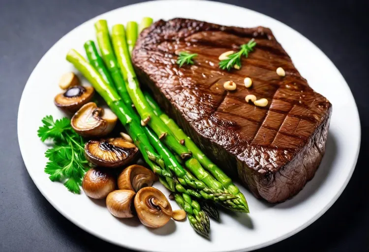 Steak with grilled mushrooms and asparagus