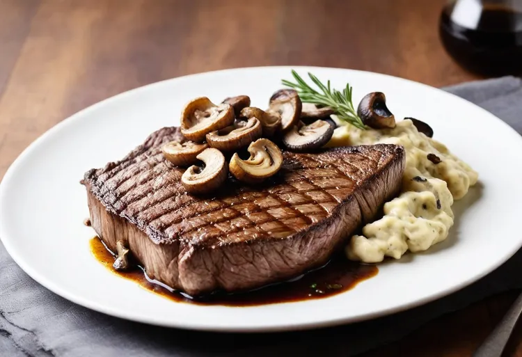 T-bone steak with fried mushrooms and olive oil mash