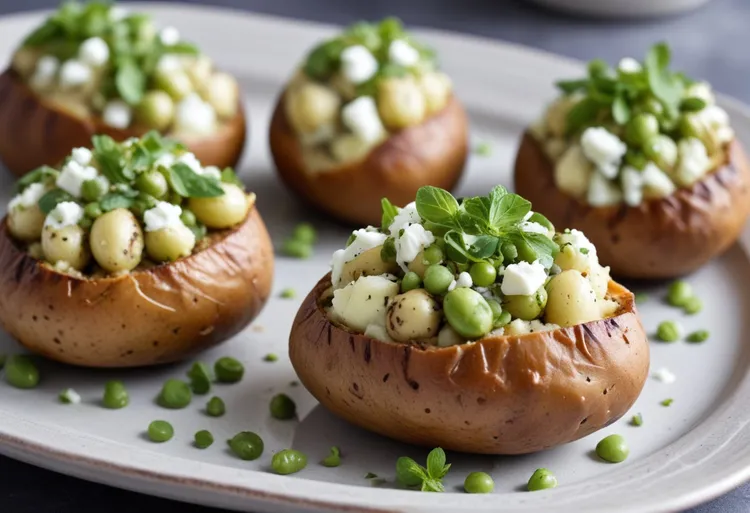 Broad bean, mint and fetta jacket potatoes