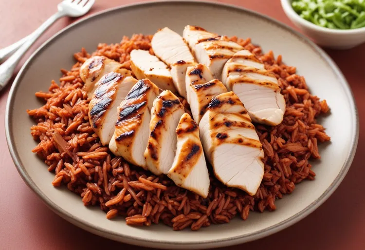 Chargrilled chicken fillets on red rice