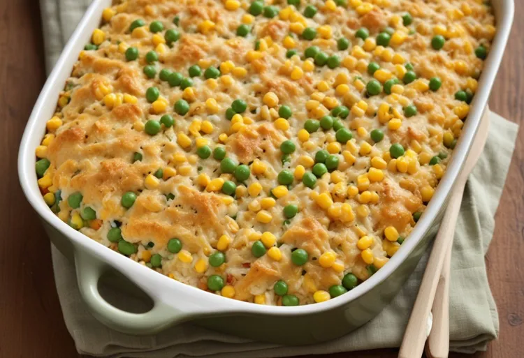 Cheesy peas and corn rice bake