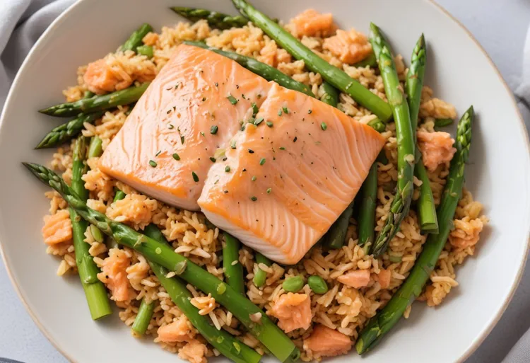 Salmon and asparagus brown rice pilaf