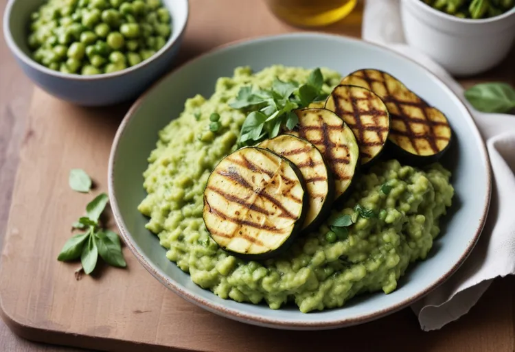 Smashed peas with chargrilled zucchini and lemon