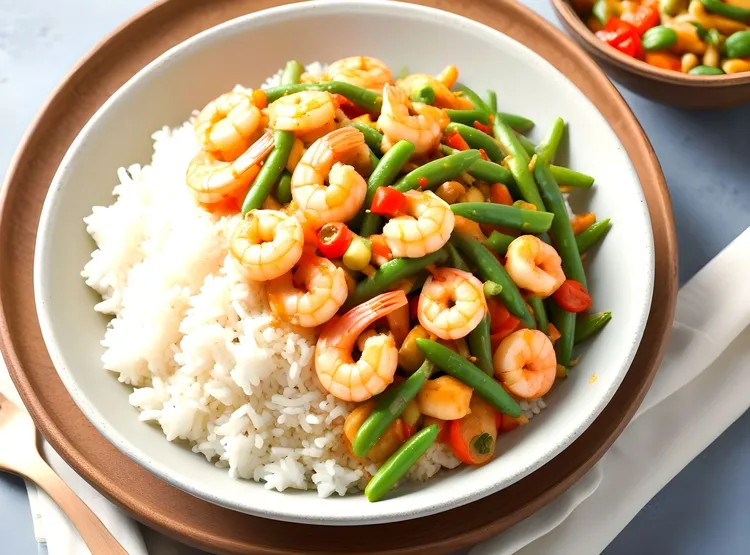 Thai red curry shrimps with cucumber and ginger rice salad