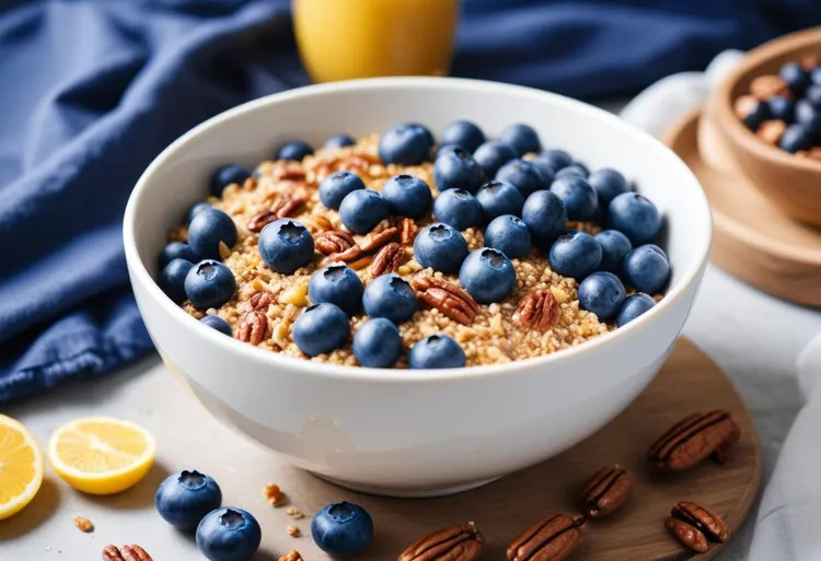 Berry-pecan quinoa bowl with honey almond milk